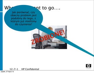 Where you want to go….
            Jak porównać, czy
           obecny problem jest
           podobny do tego, z
           którym już mieliśmy
              do czynienia?




                                     ONE!
                                RO BI
                               Z



              12-7-1   HP Conﬁdential
              1
piątek, 27 lipca 12
 