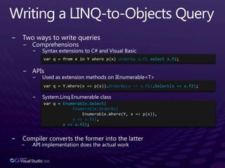 Writing a LINQ-to-Objects QueryTwo ways to write queriesComprehensionsSyntax extensions to C# and Visual BasicAPIsUsed as extension methods on IEnumerable<T>System.Linq.Enumerable classCompiler converts the former into the latterAPI implementation does the actual workvar q = from x in Y where p(x) orderby x.f1select x.f2;var q = Y.Where(x => p(x)).OrderBy(x => x.f1).Select(x => x.f2);var q = Enumerable.Select(Enumerable.OrderBy(Enumerable.Where(Y, x => p(x)),x => x.f1),x => x.f2);