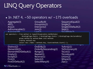 LINQ Query OperatorsIn .NET 4, ~50 operators w/ ~175 overloadsAggregate(3)All(1)Any(2)AsEnumerable(1)Average(20)Cast(1)Concat(1)Contains(2)Count(2)DefaultIfEmpty(2)Distinct(2)ElementAt(1)ElementAtOrDefault(1)Empty(1)Except(2)First(2)FirstOrDefault(2)GroupBy(8)GroupJoin(2)Intersect(2)Join(2)Last(2)LastOrDefault(2)LongCount(2)Max(22)Min(22)OfType(1)OrderBy(2)OrderByDescending(2)Range(1)Repeat(1)Reverse(1)Select(2)SelectMany(4)SequenceEqual(2)Single(2)SingleOrDefault(2)Skip(1)SkipWhile(2)Sum(20)Take(1)TakeWhile(2)ThenBy(2)ThenByDescending(2)ToArray(1)ToDictionary(4)ToList(1)ToLookup(4)Union(2)Where(2)Zip(1)var operators = from method in typeof(Enumerable).GetMethods(BindingFlags.Public | BindingFlags.Static | BindingFlags.DeclaredOnly)                group method by method.Name into methodsorderbymethods.Key                select new { Name = methods.Key, Count=methods.Count() };