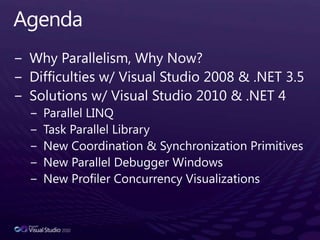 Agenda<br />Why Parallelism, Why Now?<br />Difficulties w/ Visual Studio 2008 & .NET 3.5<br />Solutions w/ Visual Studio 2...