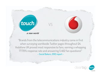 VS


  “Brands from the telecommunications industry come in ﬁrst
    when surveying worldwide Twitter pages throughout Q4.
Vodafone UK proved most responsive to fans, earning a whopping
   77.70% response rate and answering 5 462 fan questions!”
                   – Social Bakers, 2012 report -
 