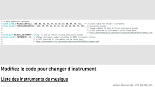 Modifiez le code pour changer d’instrument
Liste des instruments de musique
Julien Devriendt - CC BY-SA-NC
 