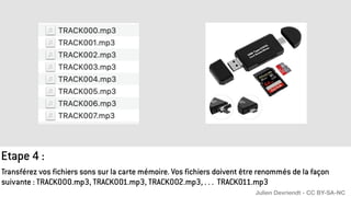 Etape 4 :
Transférez vos fichiers sons sur la carte mémoire. Vos fichiers doivent être renommés de la façon
suivante : TRACK000.mp3, TRACK001.mp3, TRACK002.mp3, . . . TRACK011.mp3
Julien Devriendt - CC BY-SA-NC
 