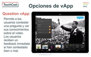 © TouchCast LLC 2017
Permite a los
usuarios contestar
una pregunta y ver
sus conocimientos
sobre el vídeo.
Los usuarios
reciben un
feedback inmediato
si han contestado
bien o mal.
Question vApp
vApp options
13
Opciones de vApp
 