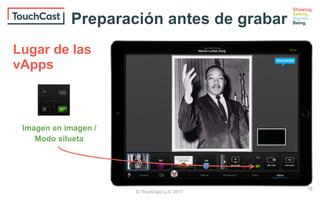 © TouchCast LLC 2017
18
Imagen en imagen /
Modo silueta
Preparación antes de grabar
Lugar de las
vApps
 