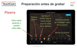 © TouchCast LLC 2017
Pizarra
nueva
Crea varias
pizarras y
cambia
entre ellas
Cambia el
fondo. Usa el
modo cristal
para la vista
de la cámara
Escribe o dibuja
en cualquier lugar
de la pizarra
Borrar la pizarra
Pizarra
19
Preparación antes de grabar
 