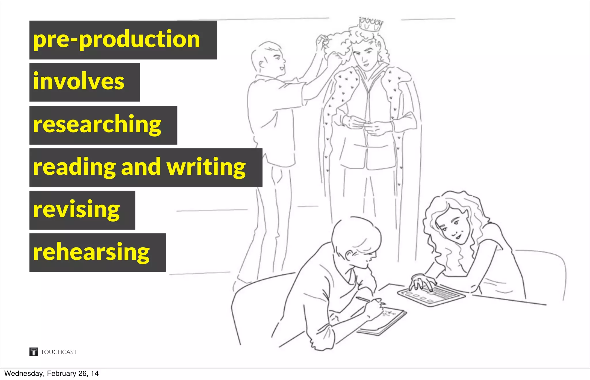 pre-production
involves
researching
reading and writing
revising
rehearsing

TOUCHCAST

Wednesday, February 26, 14

34

 