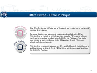 Offre Privée - Offre Publique


 Une Offre Privée, est diffusée par le Vendeur à son réseau, qui la transmet à
 son tour à son réseau.

 Personne d’autre, que les amis de mes amis ont accès à cette Offre.
 Si le Vendeur le choisit, la période pendant laquelle l’Offre est privée est
 suivie par une période pendant laquelle l’Offre est Publique, c’est à dire
 que n’importe quel membre de Mister 10% peut en devenir l’Acheteur
 direct, ou le Commissionné.

 Si le Vendeur ne souhaite pas que son Offre soit Publique, il choisit lors de la
 publication que la date de fin de l’Offre Privée soit la même que la date de
 fin de l’Offre Publique.




                                                                                    28
 