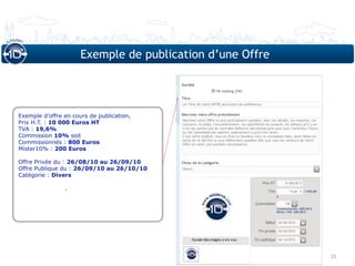 Exemple de publication d’une Offre




Exemple d’offre en cours de publication,
Prix H.T. : 10 000 Euros HT
TVA : 19,6%
Commission 10% soit
Commissionnés : 800 Euros
Mister10% : 200 Euros

Offre Privée du : 26/08/10 au 26/09/10
Offre Publique du : 26/09/10 au 26/10/10
Catégorie : Divers

                .




                                                           29
 