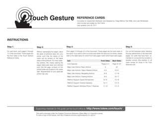 Touch Gesture                                                     REFERENCE CARDS
                                                                                                 Conceived of, researched, illustrated, and designed by: Craig Villamor, Dan Willis, and Luke Wroblewski
                                                                                                 Card concept and design by: Kim Fulton
                                                                                                 Last updated June 26, 2011




INSTRUCTIONS

Step 1:                                Step 2:                                   Step 3:                                                                                 Step 4:

On card stock, print pages 2 through   Without rearranging the pages, place      Print pages 13 through 23 of this document. These pages are the back sides of           Cut out the individual cards, following
12 of this document. These pages are   the stack of printouts back into your     the cards. If you wish to print out some suits within the deck but not others, please   the gray dashed lines on the back side
the front sides of the Touch Gesture   printer such that the backs of the        refer to the table below for which front side pages match which back side pages.        pages. On cards that have them, re-
Reference Cards.                       cards can be printed on the blank                                                                                                 member to cut around the rounded or
                                       sides of the printouts. For many desk-     Suit                                               Front Sides       Back Sides        beveled corners (this pertains to all
                                       top printers, this means placing the                                                                                              cards except for those in the Core
                                                                                  Core Gestures                                       Pages 2–3        Page 22–23        Gestures suit).
                                       pages blank-side down and oriented
                                       such that the page numbers on the          Major User Actions: Basic Actions                        3                22
                                       printed sides are located to the upper
                                                                                  Major User Actions: Object-Related Actions              4–6             19–21
                                       right. Requirements for your particular
                                       printer may vary.                          Major User Actions: Navigating Actions                  6–8             17–19
                                                                                  Major User Actions: Drawing Actions                     8–9             16–17
                                                                                  Platform Support: Apple iOS Gestures                   9–10             15–16
                                                                                  Platform Support: Android Gestures                     10–11            14–15
                                                                                  Platform Support: Windows Phone 7 Gestures             11–12            13–14




                                       Supporting materials for this guide can be found online at: http://www.lukew.com/touch/

                                       This work is licensed under the Creative Commons Attribution-Share Alike 3.0 Unported License.
                                       To view a copy of this license, visit http://creativecommons.org/licenses/by-nc-sa/3.0/
 