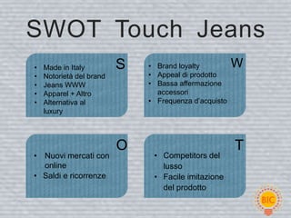 SWOT Touch Jeans
•   Made in Italy         S   • Brand loyalty          W
•   Notorietà del brand       • Appeal di prodotto
•   Jeans WWW                 • Bassa affermazione
•   Apparel + Altro             accessori
•   Alternativa al            • Frequenza d’acquisto
    luxury



                          O                            T
• Nuovi mercati con            • Competitors del
  online                         lusso
• Saldi e ricorrenze           • Facile imitazione
                                 del prodotto
 