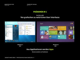 MARKETING ON TOUR                       FRANKFURT AM MAIN
TOUCH ME                                02.11.11




                                                    PHÄNOMEN # 4
                                                         Von GUI zu NUI

                            Von grafischen zu natürlichen User Interfaces




                       Windows 7                                                   Windows 8
                          GUI                                                        NUI


                                       Aus Applikationen werden Apps
                                                 Dienste anstelle von Funktionen




SENSORY-MINDS GMBH // PROFESSOR WOLFGANG HENSELER 2011
 