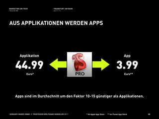 MARKETING ON TOUR                       FRANKFURT AM MAIN
TOUCH ME                                02.11.11




AUS APPLIKATIONEN WERDEN APPS




         Applikation                                                                                 App


     44.99                                                                                  3.99
               Euro*                                                                                 Euro**




     Apps sind im Durchschnitt um den Faktor 10-15 günstiger als Applikationen.



SENSORY-MINDS GMBH // PROFESSOR WOLFGANG HENSELER 2011      * Im Apple App-Store   ** Im iTunes App-Store     30
 