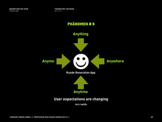 MARKETING ON TOUR                       FRANKFURT AM MAIN
TOUCH ME                                02.11.11




                                                    PHÄNOMEN # 8

                                                         Anything




                             Anyme                                         Anywhere

                                                   Kunde Generation App




                                                         Anytime
                                       User expectations are changing
                                                            very rapidly




SENSORY-MINDS GMBH // PROFESSOR WOLFGANG HENSELER 2011                                37
 