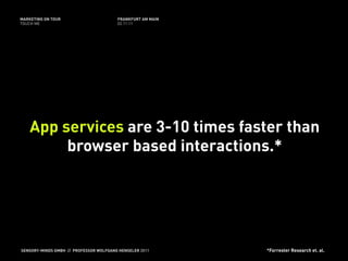 MARKETING ON TOUR                       FRANKFURT AM MAIN
TOUCH ME                                02.11.11




    App services are 3-10 times faster than
         browser based interactions.*




SENSORY-MINDS GMBH // PROFESSOR WOLFGANG HENSELER 2011      *Forrester Research et. al.
 
