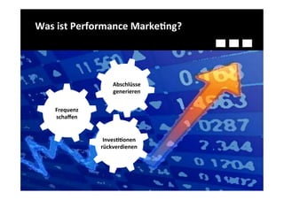 Was	
  ist	
  Performance	
  Marke-ng?	
  




                        GAbschlüsse	
  
                         efund
                                en	
  
                         generieren	
  


     Frequenz	
  
    Gefunden	
  
     schaﬀen	
  


                     Inves--onen	
  	
  
                     Gefunden	
  
                    rückverdienen	
  
 