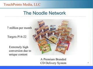 The Noodle Network A Premium Branded CD Delivery System 7 million per month Targets P14-22 Extremely high  conversion due to  unique content 