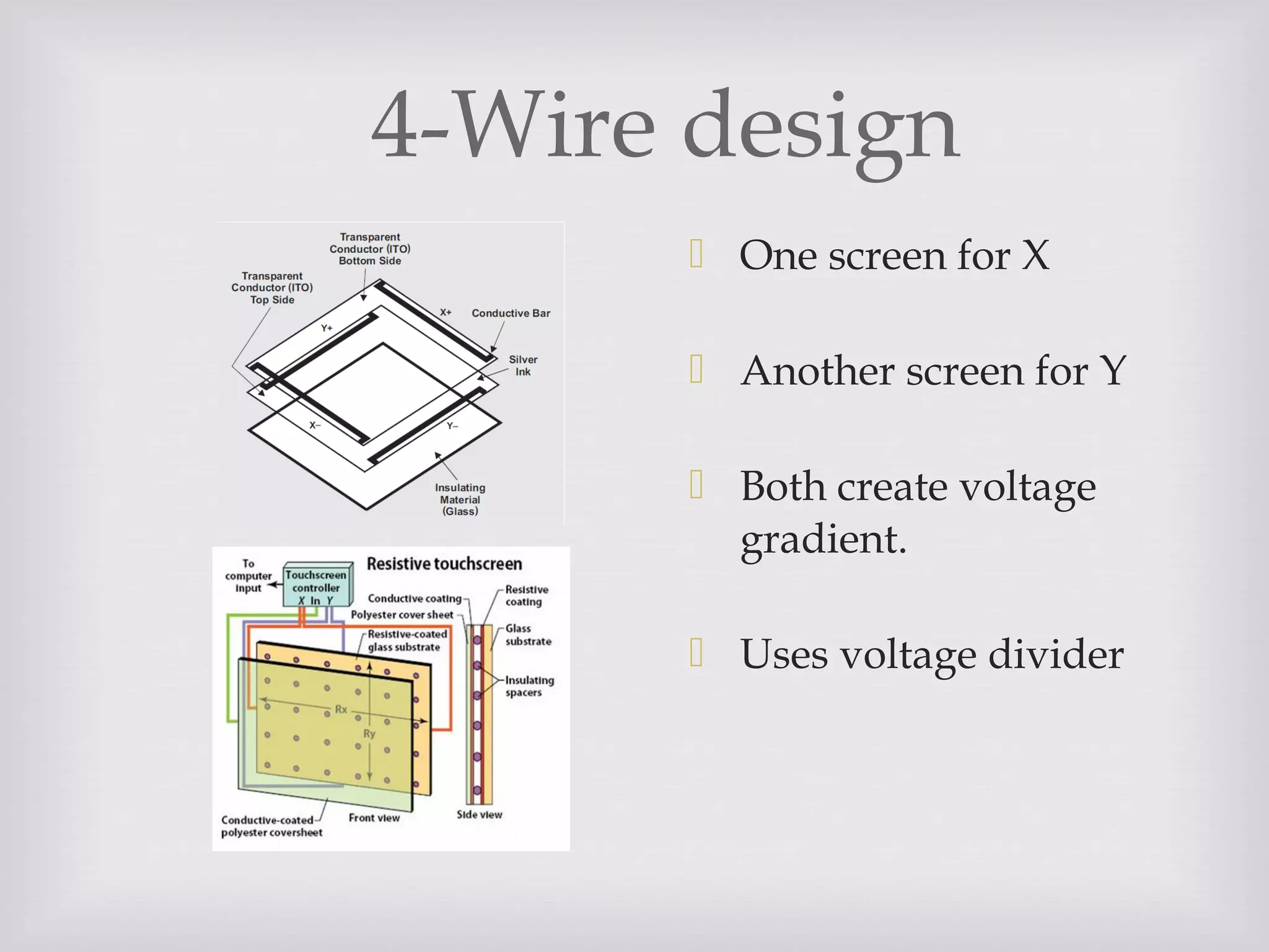 4-Wire design
 One screen for X
 Another screen for Y
 Both create voltage
gradient.
 Uses voltage divider
 