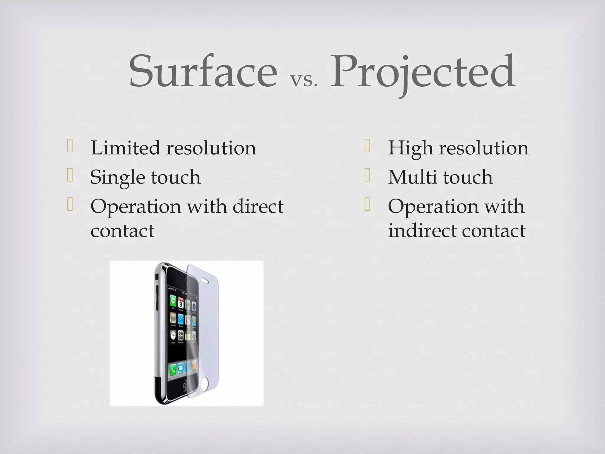 Surface vs. Projected
 Limited resolution
 Single touch
 Operation with direct
contact
 High resolution
 Multi touch
 Operation with
indirect contact
 