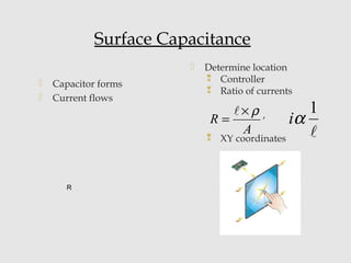  Capacitor forms
 Current flows
 Determine location
 Controller
 Ratio of currents
,
 XY coordinates
A
R
ρ×
=


1
αi
R
Surface Capacitance
 