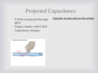 Projected Capacitance
 E Field is projected through
glass
 Finger couples with E field
 Capacitance changes
Capacitor at each point on the surface
 