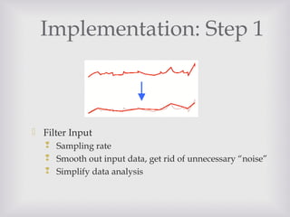 Implementation: Step 1
 Filter Input
 Sampling rate
 Smooth out input data, get rid of unnecessary “noise”
 Simplify data analysis
 