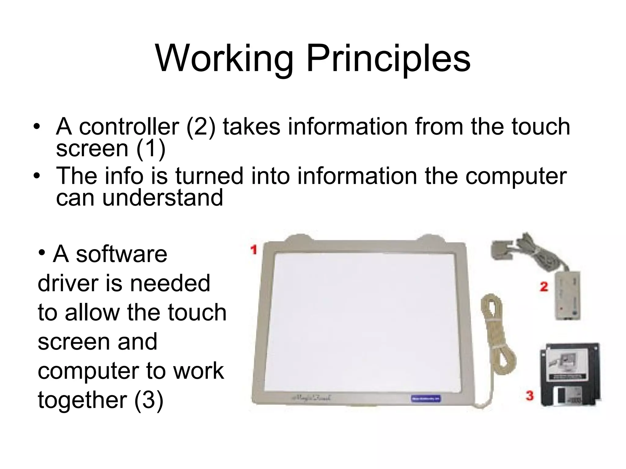 Working Principles A controller (2) takes information from the touch screen (1) The info is turned into information the computer can understand A software  driver is needed to allow the touch screen and computer to work together (3) 