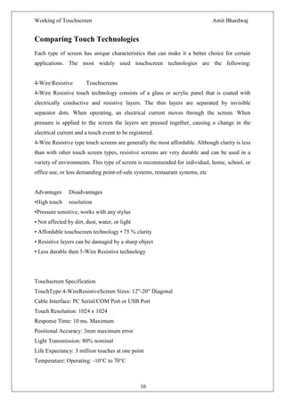 Working of Touchscreen                                                         Amit Bhardwaj


Comparing Touch Technologies
Each type of screen has unique characteristics that can make it a better choice for certain
applications. The most widely used touchscreen technologies are the following:


4-Wire Resistive        Touchscreens
4-Wire Resistive touch technology consists of a glass or acrylic panel that is coated with
electrically conductive and resistive layers. The thin layers are separated by invisible
separator dots. When operating, an electrical current moves through the screen. When
pressure is applied to the screen the layers are pressed together, causing a change in the
electrical current and a touch event to be registered.
4-Wire Resistive type touch screens are generally the most affordable. Although clarity is less
than with other touch screen types, resistive screens are very durable and can be used in a
variety of environments. This type of screen is recommended for individual, home, school, or
office use, or less demanding point-of-sale systems, restaurant systems, etc


Advantages      Disadvantages
•High touch     resolution
•Pressure sensitive, works with any stylus
• Not affected by dirt, dust, water, or light
• Affordable touchscreen technology • 75 % clarity
• Resistive layers can be damaged by a sharp object
• Less durable then 5-Wire Resistive technology




Touchscreen Specification
TouchType:4-WireResistiveScreen Sizes: 12"-20" Diagonal
Cable Interface: PC Serial/COM Port or USB Port
Touch Resolution: 1024 x 1024
Response Time: 10 ms. Maximum
Positional Accuracy: 3mm maximum error
Light Transmission: 80% nominal
Life Expectancy: 3 million touches at one point
Temperature: Operating: -10°C to 70°C



                                                16
 
