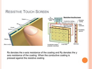 RESISTIVE TOUCH SCREEN




Rx denotes the x-axis resistance of the coating and Ry denotes the y
axis resistance of the coating. When the conductive coating is
pressed against the resistive coating
 