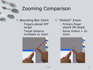 Zooming Comparison Bounding Box Zoom Fingers placed OFF target Target distance increases w/ zoom “ Stretch” Zoom Primary finger placed ON target Same motion = 2x zoom CHI 2006 