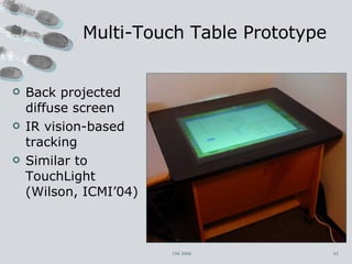 Multi-Touch Table Prototype Back projected diffuse screen IR vision-based tracking Similar to TouchLight (Wilson, ICMI’04) CHI 2006 