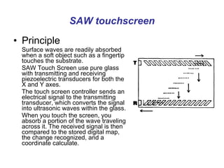 SAW touchscreen Principle Surface waves are readily absorbed when a soft object such as a fingertip touches the substrate. SAW Touch Screen   use pure glass with transmitting and receiving piezoelectric transducers for both the X and Y axes.  The touch screen controller sends an electrical signal to the transmitting transducer, which converts the signal into ultrasonic waves within the glass. When you touch the screen, you absorb a portion of the wave traveling across it. The received signal is then compared to the stored digital map, the change recognized, and a coordinate calculate.  