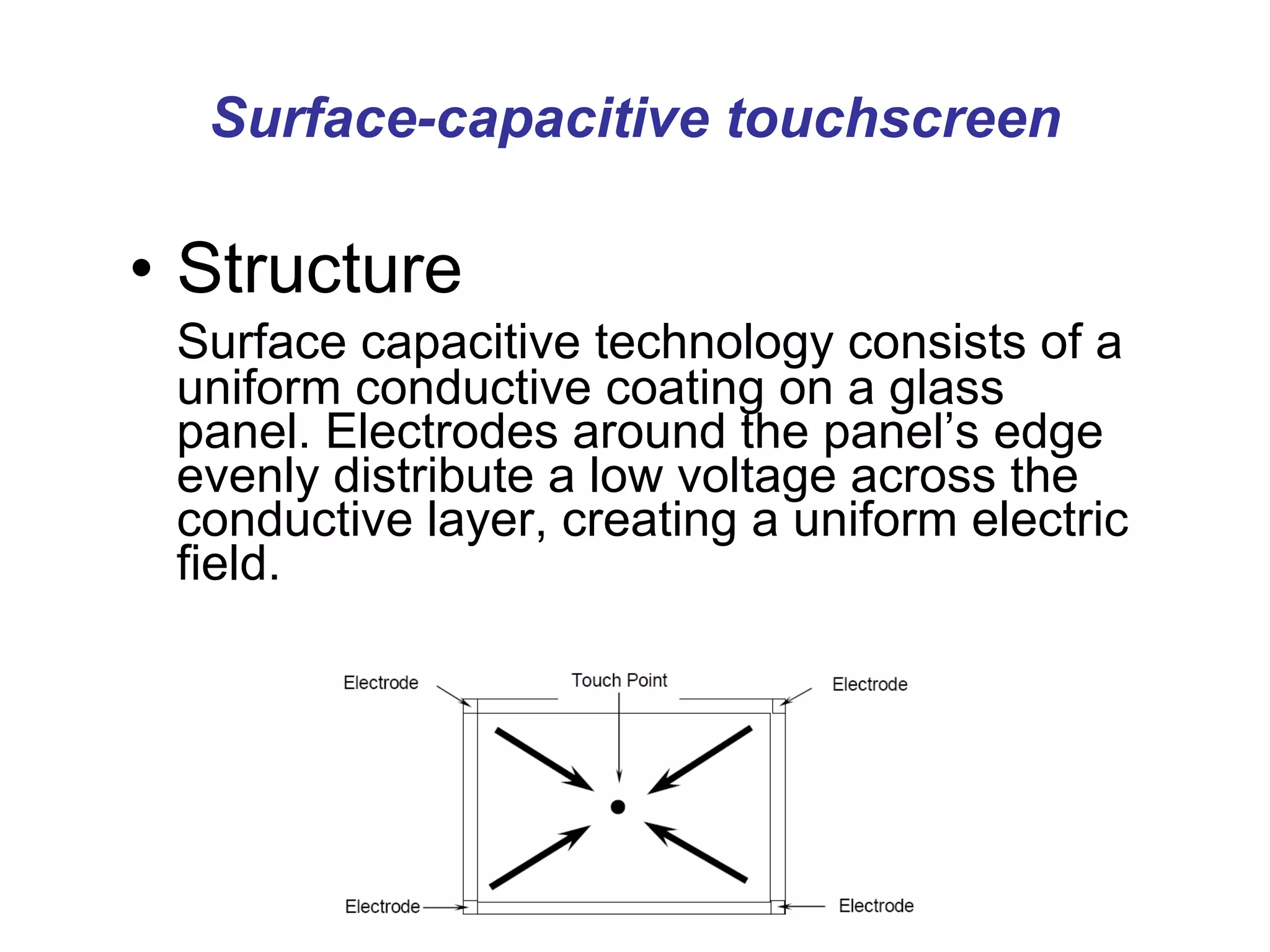 Surface-capacitive touchscreen Structure Surface capacitive technology consists of a uniform conductive coating on a glass panel. Electrodes around the panel’s edge evenly distribute a low voltage across the conductive layer, creating a uniform electric field. 