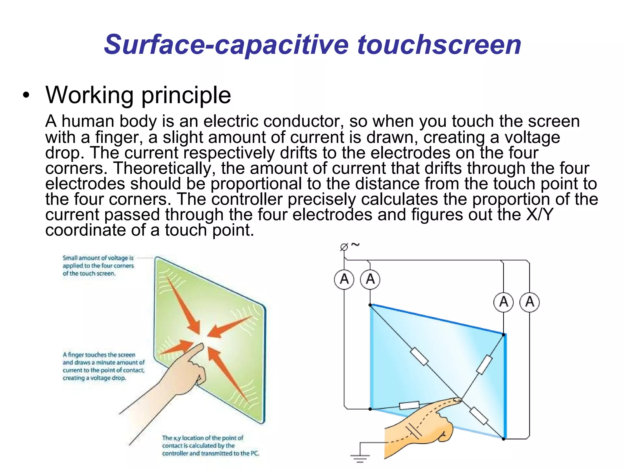 Surface-capacitive touchscreen Working principle A human body is an electric conductor, so when you touch the screen with a finger, a slight amount of current is drawn, creating a voltage drop. The current respectively drifts to the electrodes on the four corners. Theoretically, the amount of current that drifts through the four electrodes should be proportional to the distance from the touch point to the four corners. The controller precisely calculates the proportion of the current passed through the four electrodes and figures out the X/Y coordinate of a touch point. 