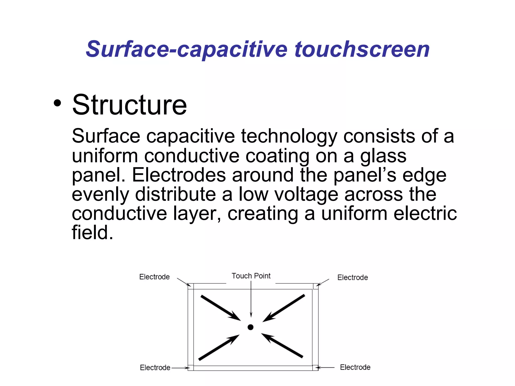 Surface-capacitive touchscreen

• Structure
 Surface capacitive technology consists of a
 uniform conductive coating on a glass
 panel. Electrodes around the panel’s edge
 evenly distribute a low voltage across the
 conductive layer, creating a uniform electric
 field.
 