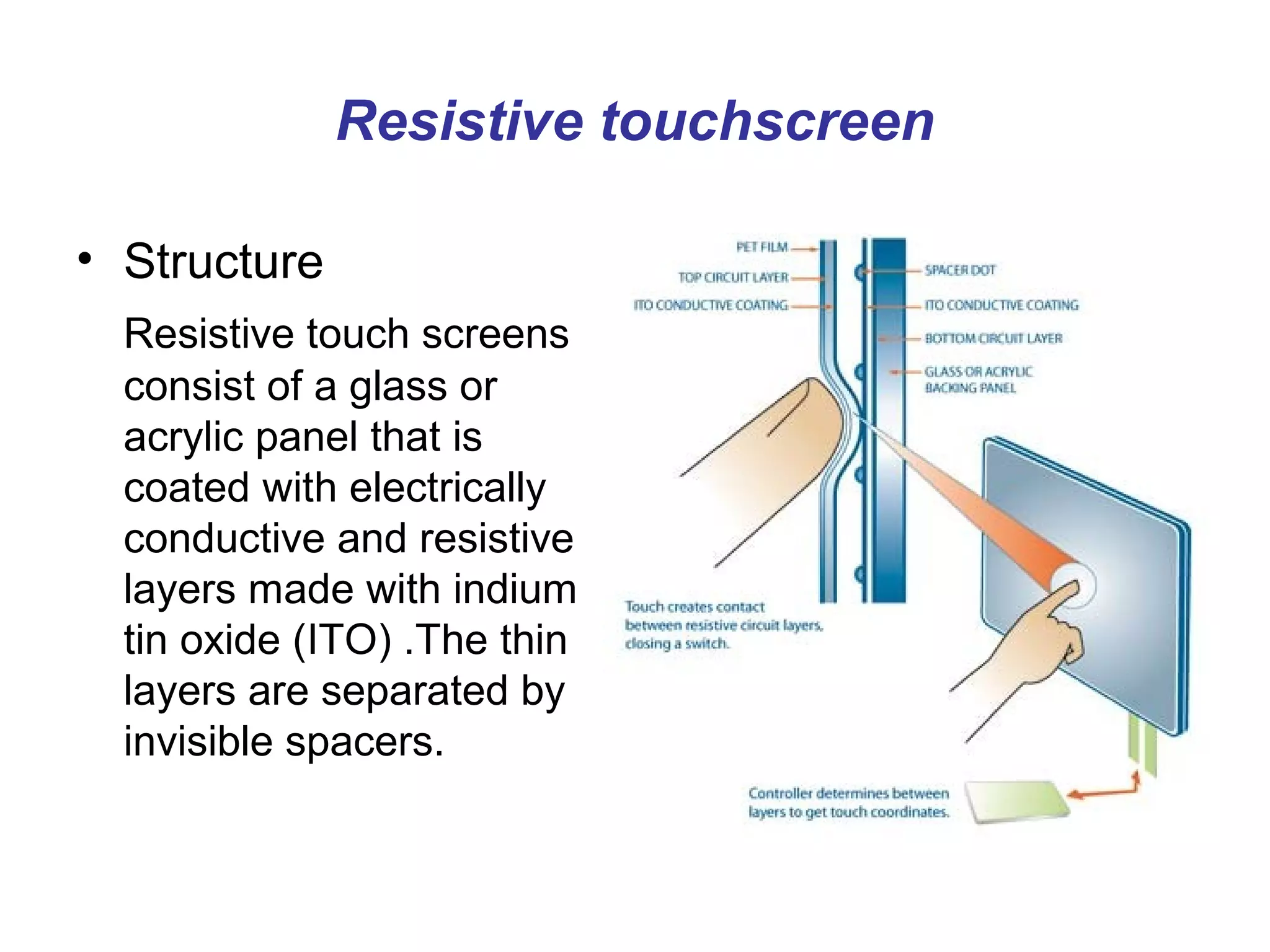 Resistive touchscreen

• Structure
  Resistive touch screens
  consist of a glass or
  acrylic panel that is
  coated with electrically
  conductive and resistive
  layers made with indium
  tin oxide (ITO) .The thin
  layers are separated by
  invisible spacers.
 
