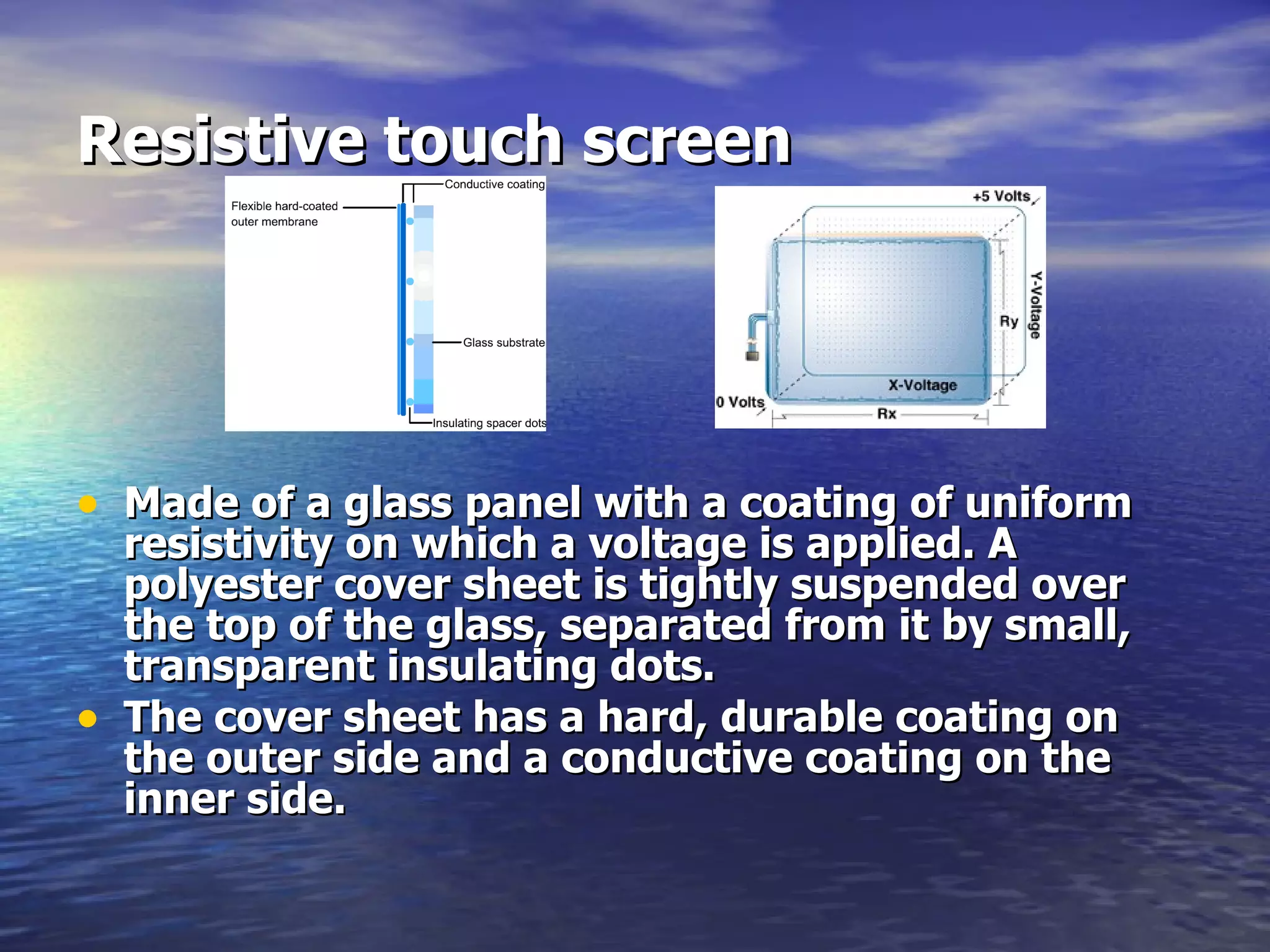Resistive touch screen Made of a glass panel with a coating of uniform resistivity on which a voltage is applied. A polyester cover sheet is tightly suspended over the top of the glass, separated from it by small, transparent insulating dots.  The cover sheet has a hard, durable coating on the outer side and a conductive coating on the inner side.  