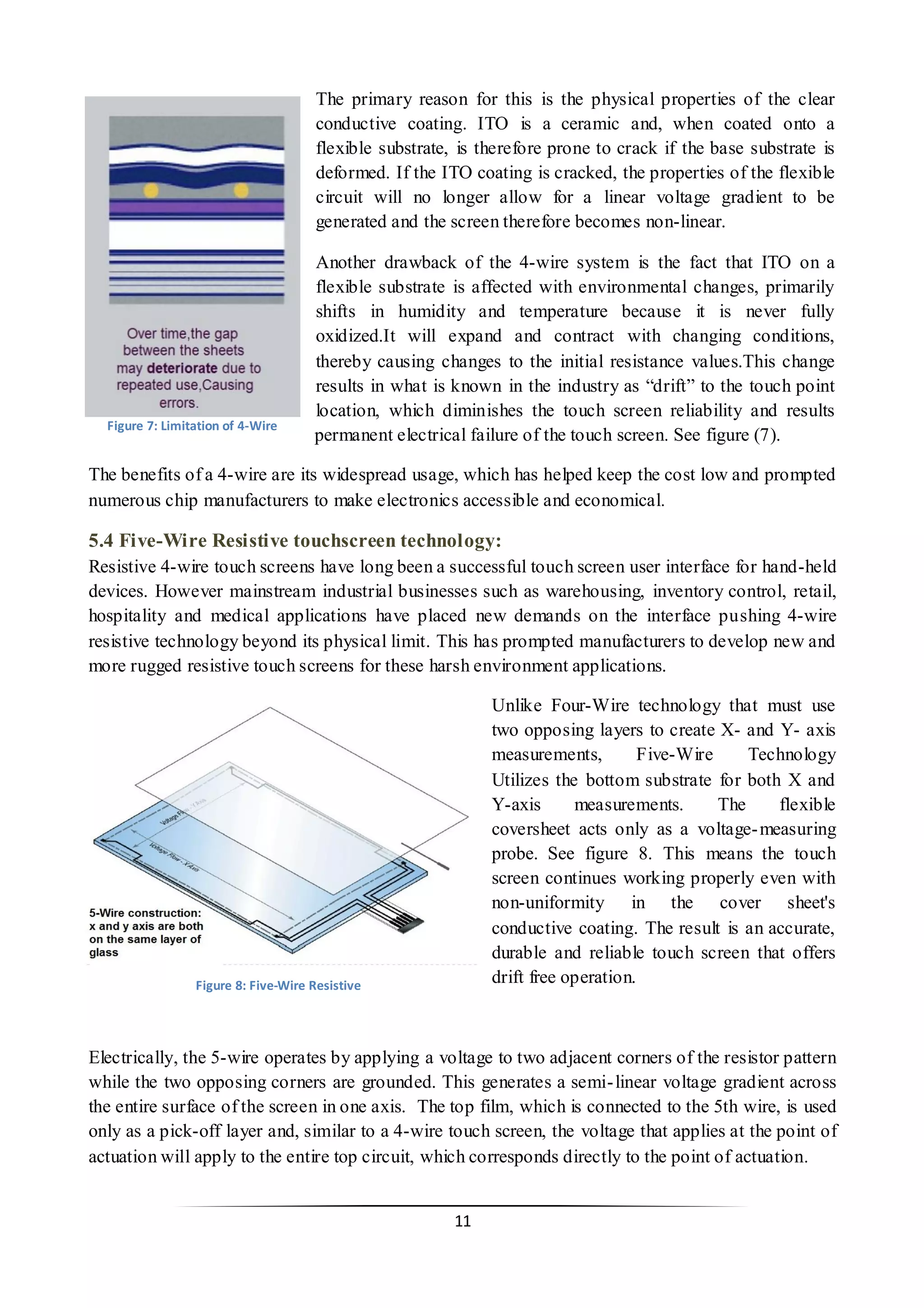 11 
The primary reason for this is the physical properties of the clear conductive coating. ITO is a ceramic and, when coated onto a flexible substrate, is therefore prone to crack if the base substrate is deformed. If the ITO coating is cracked, the properties of the flexible circuit will no longer allow for a linear voltage gradient to be generated and the screen therefore becomes non-linear. 
Another drawback of the 4-wire system is the fact that ITO on a flexible substrate is affected with environmental changes, primarily shifts in humidity and temperature because it is never fully oxidized.It will expand and contract with changing conditions, thereby causing changes to the initial resistance values.This change results in what is known in the industry as “drift” to the touch point location, which diminishes the touch screen reliability and results permanent electrical failure of the touch screen. See figure (7). 
The benefits of a 4-wire are its widespread usage, which has helped keep the cost low and prompted numerous chip manufacturers to make electronics accessible and economical. 
5.4 Five-Wire Resistive touchscreen technology: 
Resistive 4-wire touch screens have long been a successful touch screen user interface for hand-held devices. However mainstream industrial businesses such as warehousing, inventory control, retail, hospitality and medical applications have placed new demands on the interface pushing 4-wire resistive technology beyond its physical limit. This has prompted manufacturers to develop new and more rugged resistive touch screens for these harsh environment applications. 
Unlike Four-Wire technology that must use two opposing layers to create X- and Y- axis measurements, Five-Wire Technology Utilizes the bottom substrate for both X and Y-axis measurements. The flexible coversheet acts only as a voltage-measuring probe. See figure 8. This means the touch screen continues working properly even with non-uniformity in the cover sheet's conductive coating. The result is an accurate, durable and reliable touch screen that offers drift free operation. 
Electrically, the 5-wire operates by applying a voltage to two adjacent corners of the resistor pattern while the two opposing corners are grounded. This generates a semi-linear voltage gradient across the entire surface of the screen in one axis. The top film, which is connected to the 5th wire, is used only as a pick-off layer and, similar to a 4-wire touch screen, the voltage that applies at the point of actuation will apply to the entire top circuit, which corresponds directly to the point of actuation. 
Figure 7: Limitation of 4-Wire 
Figure 8: Five-Wire Resistive  