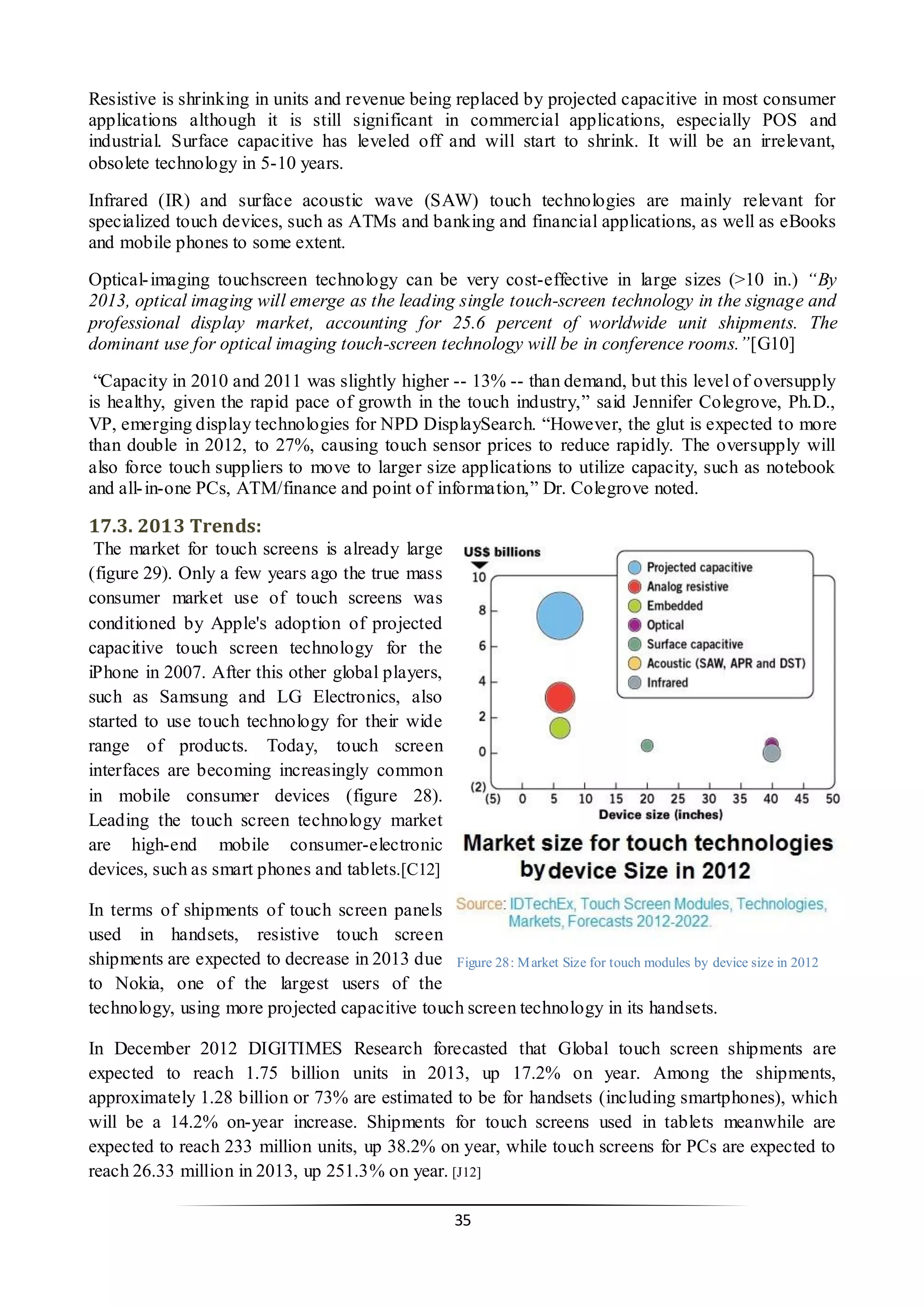 35 
Resistive is shrinking in units and revenue being replaced by projected capacitive in most consumer applications although it is still significant in commercial applications, especially POS and industrial. Surface capacitive has leveled off and will start to shrink. It will be an irrelevant, obsolete technology in 5-10 years. 
Infrared (IR) and surface acoustic wave (SAW) touch technologies are mainly relevant for specialized touch devices, such as ATMs and banking and financial applications, as well as eBooks and mobile phones to some extent. 
Optical-imaging touchscreen technology can be very cost-effective in large sizes (>10 in.) “By 2013, optical imaging will emerge as the leading single touch-screen technology in the signage and professional display market, accounting for 25.6 percent of worldwide unit shipments. The dominant use for optical imaging touch-screen technology will be in conference rooms.”[G10] 
“Capacity in 2010 and 2011 was slightly higher -- 13% -- than demand, but this level of oversupply is healthy, given the rapid pace of growth in the touch industry,” said Jennifer Colegrove, Ph.D., VP, emerging display technologies for NPD DisplaySearch. “However, the glut is expected to more than double in 2012, to 27%, causing touch sensor prices to reduce rapidly. The oversupply will also force touch suppliers to move to larger size applications to utilize capacity, such as notebook and all-in-one PCs, ATM/finance and point of information,” Dr. Colegrove noted. 
17.3. 2013 Trends: 
The market for touch screens is already large (figure 29). Only a few years ago the true mass consumer market use of touch screens was conditioned by Apple's adoption of projected capacitive touch screen technology for the iPhone in 2007. After this other global players, such as Samsung and LG Electronics, also started to use touch technology for their wide range of products. Today, touch screen interfaces are becoming increasingly common in mobile consumer devices (figure 28). Leading the touch screen technology market are high-end mobile consumer-electronic devices, such as smart phones and tablets.[C12] 
In terms of shipments of touch screen panels used in handsets, resistive touch screen shipments are expected to decrease in 2013 due to Nokia, one of the largest users of the technology, using more projected capacitive touch screen technology in its handsets. In December 2012 DIGITIMES Research forecasted that Global touch screen shipments are expected to reach 1.75 billion units in 2013, up 17.2% on year. Among the shipments, approximately 1.28 billion or 73% are estimated to be for handsets (including smartphones), which will be a 14.2% on-year increase. Shipments for touch screens used in tablets meanwhile are expected to reach 233 million units, up 38.2% on year, while touch screens for PCs are expected to reach 26.33 million in 2013, up 251.3% on year. [J12] 
Figure 28: Market Size for touch modules by device size in 2012  
