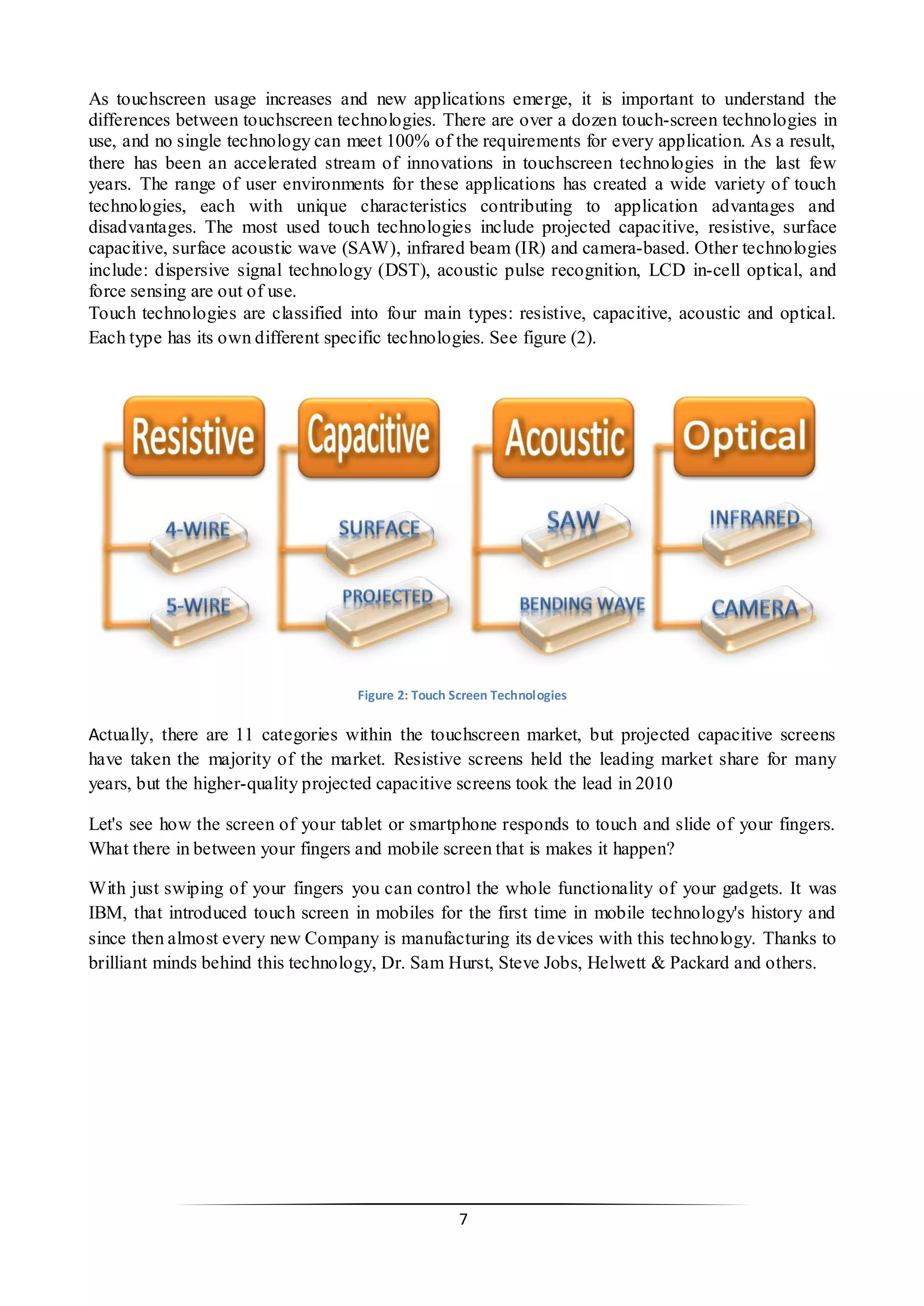 7 
As touchscreen usage increases and new applications emerge, it is important to understand the differences between touchscreen technologies. There are over a dozen touch-screen technologies in use, and no single technology can meet 100% of the requirements for every application. As a result, there has been an accelerated stream of innovations in touchscreen technologies in the last few years. The range of user environments for these applications has created a wide variety of touch technologies, each with unique characteristics contributing to application advantages and disadvantages. The most used touch technologies include projected capacitive, resistive, surface capacitive, surface acoustic wave (SAW), infrared beam (IR) and camera-based. Other technologies include: dispersive signal technology (DST), acoustic pulse recognition, LCD in-cell optical, and force sensing are out of use. 
Touch technologies are classified into four main types: resistive, capacitive, acoustic and optical. Each type has its own different specific technologies. See figure (2). 
Figure 2: Touch Screen Technologies 
Actually, there are 11 categories within the touchscreen market, but projected capacitive screens have taken the majority of the market. Resistive screens held the leading market share for many years, but the higher-quality projected capacitive screens took the lead in 2010 
Let's see how the screen of your tablet or smartphone responds to touch and slide of your fingers. What there in between your fingers and mobile screen that is makes it happen? 
With just swiping of your fingers you can control the whole functionality of your gadgets. It was IBM, that introduced touch screen in mobiles for the first time in mobile technology's history and since then almost every new Company is manufacturing its devices with this technology. Thanks to brilliant minds behind this technology, Dr. Sam Hurst, Steve Jobs, Helwett & Packard and others. 
 