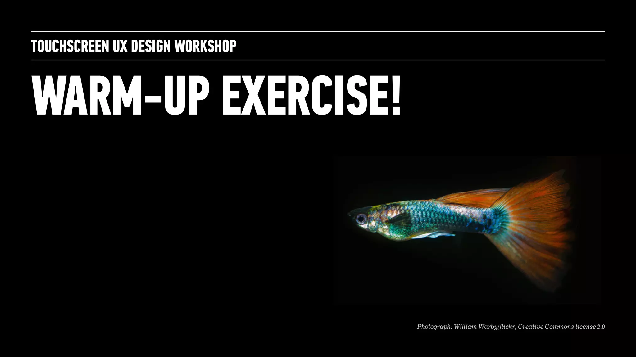 WARM-UP EXERCISE!
TOUCHSCREEN UX DESIGN WORKSHOP
Photograph: William Warby/flickr, Creative Commons license 2.0
 