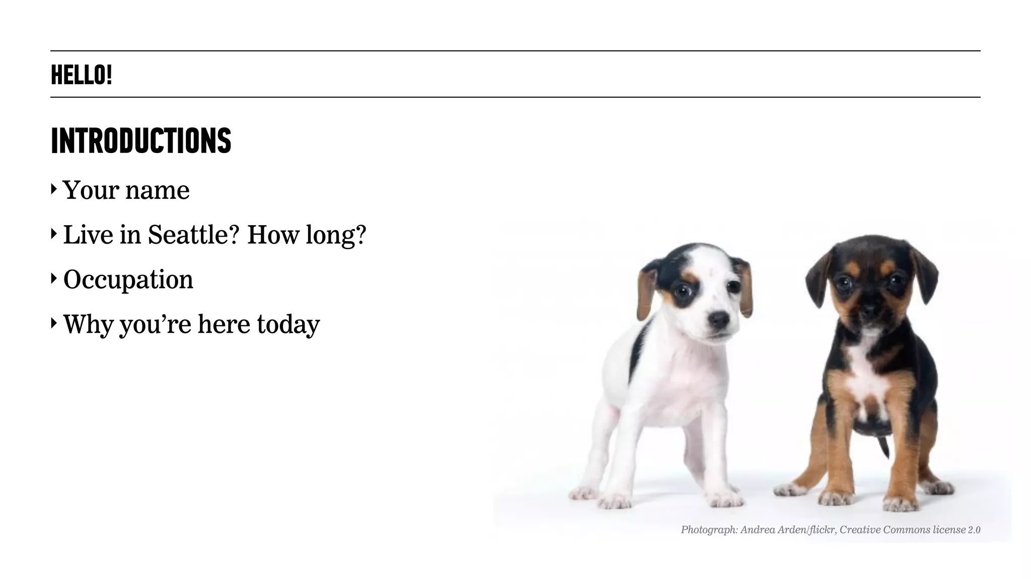 ‣ Your name
‣ Live in Seattle? How long?
‣ Occupation
‣ Why you’re here today
INTRODUCTIONS
HELLO!
Photograph: Andrea Arden/flickr, Creative Commons license 2.0
 