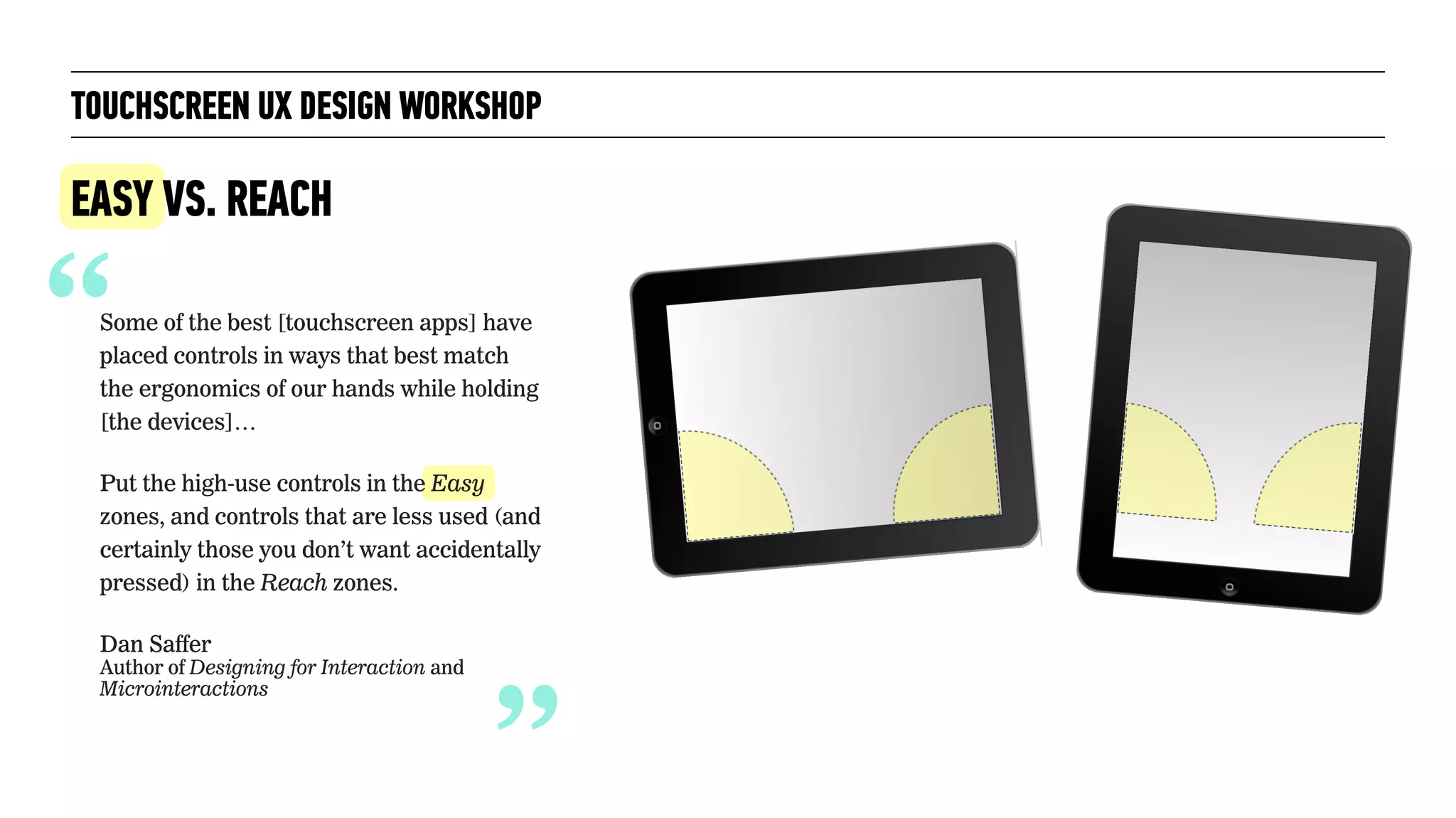 “Some of the best [touchscreen apps] have
placed controls in ways that best match
the ergonomics of our hands while holding
[the devices]…
Put the high-use controls in the Easy
zones, and controls that are less used (and
certainly those you don’t want accidentally
pressed) in the Reach zones.
Dan Saffer 
Author of Designing for Interaction and
Microinteractions
TOUCHSCREEN UX DESIGN WORKSHOP
EASY VS. REACH
“
 