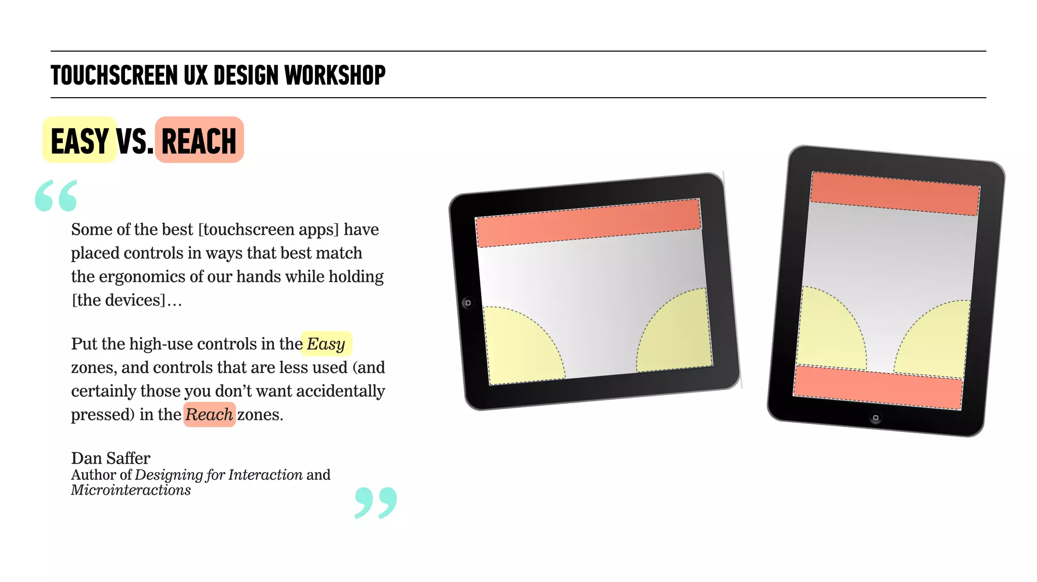 “Some of the best [touchscreen apps] have
placed controls in ways that best match
the ergonomics of our hands while holding
[the devices]…
Put the high-use controls in the Easy
zones, and controls that are less used (and
certainly those you don’t want accidentally
pressed) in the Reach zones.
Dan Saffer 
Author of Designing for Interaction and
Microinteractions
TOUCHSCREEN UX DESIGN WORKSHOP
EASY VS. REACH
“
 