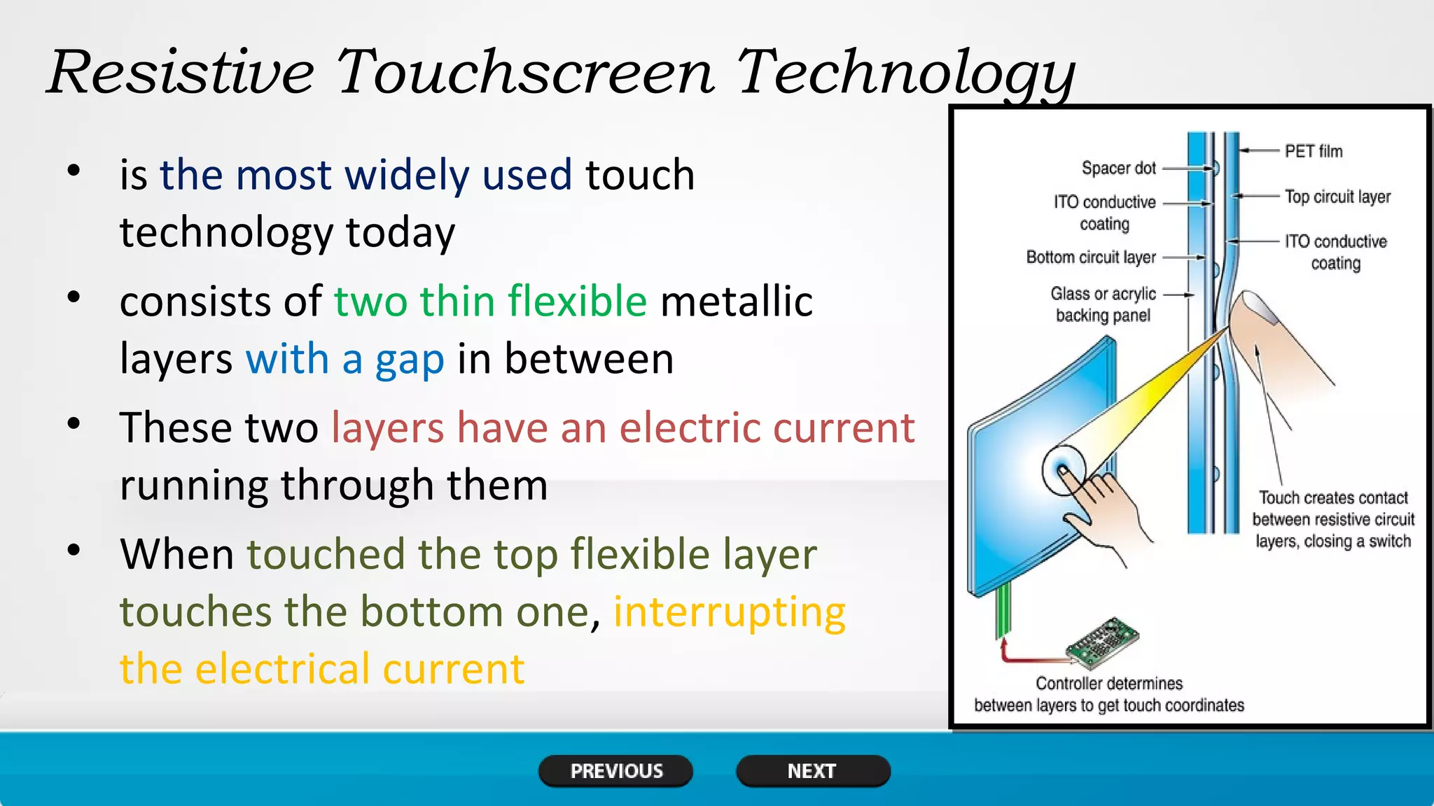 Resistive Touchscreen Technology
• is the most widely used touch
technology today
• consists of two thin flexible metallic
layers with a gap in between
• These two layers have an electric current
running through them
• When touched the top flexible layer
touches the bottom one, interrupting
the electrical current
 
