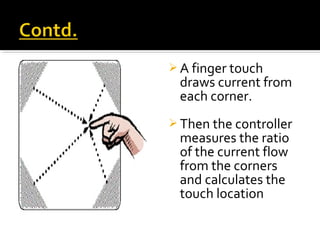  A finger touch
draws current from
each corner.
 Then the controller
measures the ratio
of the current flow
from the corners
and calculates the
touch location
 