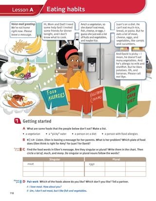118
Lesson A Eating habits
Getting started
A What are some foods that the people below don’t eat? Make a list.
• a vegetarian • a “picky” eater • a person on a diet • a person with food allergies
B 3.29 Listen. Ellen is leaving a message for her parents. What is her problem? Which plate of food
does Ellen think is right for Amy? for Juan? for David?
1
C Find the food words in Ellen’s message. Are they singular or plural? Write them in the chart. Then
circle a lot of, much, and many. Do singular or plural nouns follow the words?
C
Singular Plural
meat eggs
D Pair work Which of the foods above do you like? Which don’t you like? Tell a partner.
A I love meat. How about you?
B Um, I don’t eat meat, but I like fish and vegetables.
D
About
you
Voice-mail greeting:
We’re not home
right now. Please
leave a message.
And David is picky – I
mean, he doesn’t eat
many vegetables. And
he’s allergic to milk and
shellfish. But he likes
potatoes. Oh, and
bananas. Please call
me! Bye.
Hi, Mom and Dad! I need
some help fast! I invited
some friends for dinner
tonight, and I don’t
know what to cook.
Amy’savegetarian,so
shedoesn’teatmeat,
fish,cheese,oreggs.I
guessshejusteatsalot
offruitsandvegetables,
andmayberice.
Juan’s on a diet. He
can’t eat much rice,
bread, or pasta. But he
eats a lot of meat,
cheese, eggs, and
vegetables, like carrots
and cucumbers.
 