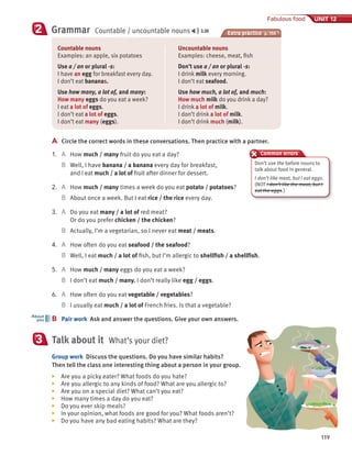A Circle the correct words in these conversations. Then practice with a partner.
1. A How much / many fruit do you eat a day?
B Well, I have banana / a banana every day for breakfast,
and I eat much / a lot of fruit after dinner for dessert.
2. A How much / many times a week do you eat potato / potatoes?
B About once a week. But I eat rice / the rice every day.
3. A Do you eat many / a lot of red meat?
Or do you prefer chicken / the chicken?
B Actually, I’m a vegetarian, so I never eat meat / meats.
4. A How often do you eat seafood / the seafood?
B Well, I eat much / a lot of fish, but I’m allergic to shellfish / a shellfish.
5. A How much / many eggs do you eat a week?
B I don’t eat much / many. I don’t really like egg / eggs.
6. A How often do you eat vegetable / vegetables?
B I usually eat much / a lot of French fries. Is that a vegetable?
B Pair work Ask and answer the questions. Give your own answers.
Talk about it What’s your diet?
Group work Discuss the questions. Do you have similar habits?
Then tell the class one interesting thing about a person in your group.
▶ Are you a picky eater? What foods do you hate?
▶ Are you allergic to any kinds of food? What are you allergic to?
▶ Are you on a special diet? What can’t you eat?
▶ How many times a day do you eat?
▶ Do you ever skip meals?
▶ In your opinion, what foods are good for you? What foods aren’t?
▶ Do you have any bad eating habits? What are they?
B
About
you
3
119
Fabulous food UNIT 12
Grammar Countable / uncountable nouns 3.30
2 Extra practice p. 150
Countable nouns
Examples: an apple, six potatoes
Use a / an or plural -s:
I have an egg for breakfast every day.
I don’t eat bananas.
Use how many, a lot of, and many:
How many eggs do you eat a week?
I eat a lot of eggs.
I don’t eat a lot of eggs.
I don’t eat many (eggs).
Uncountable nouns
Examples: cheese, meat, fish
Don’t use a / an or plural -s:
I drink milk every morning.
I don’t eat seafood.
Use how much, a lot of, and much:
How much milk do you drink a day?
I drink a lot of milk.
I don’t drink a lot of milk.
I don’t drink much (milk).
Common errors
Don’t use the before nouns to
talk about food in general.
I don’t like meat, but I eat eggs.
(NOT I don’t like the meat, but I
eat the eggs.)
 