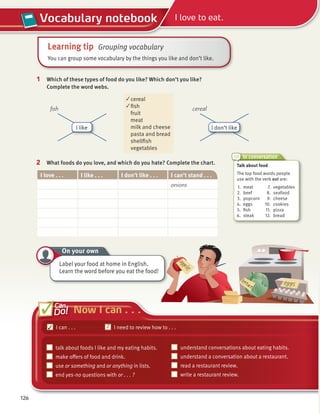 126
Vocabulary notebook
Vocabulary notebook
Vocabulary notebook I love to eat.
Can
Do!
Learning tip Grouping vocabulary
You can group some vocabulary by the things you like and don’t like.
understand conversations about eating habits.
understand a conversation about a restaurant.
read a restaurant review.
write a restaurant review.
talk about foods I like and my eating habits.
make offers of food and drink.
use or something and or anything in lists.
end yes-no questions with or . . . ?
Now I can . . .
I can . . . I need to review how to . . .
?
Which of these types of food do you like? Which don’t you like?
Complete the word webs.
1
What foods do you love, and which do you hate? Complete the chart.
2
I love . . . I like . . . I don’t like . . . I can’t stand . . .
onions
cereal
fish
fruit
meat
milk and cheese
pasta and bread
shellfish
vegetables
✓
✓
In conversation
Talk about food
The top food words people
use with the verb eat are:
1. meat
2. beef
3. popcorn
4. eggs
5. fish
6. steak
7. vegetables
8. seafood
9. cheese
10. cookies
11. pizza
12. bread
fish cereal
On your own
Label your food at home in English.
Learn the word before you eat the food!
l like l don’t like
 