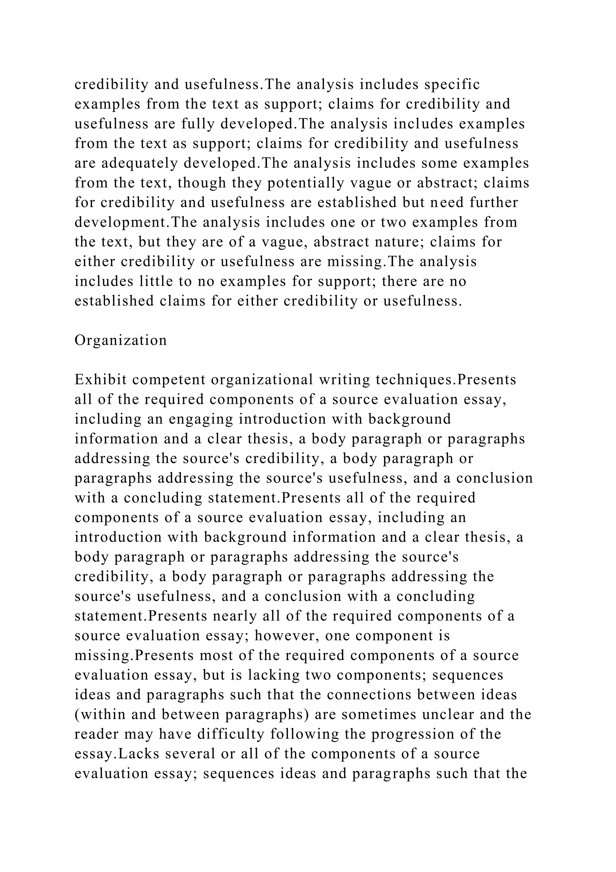 credibility and usefulness.The analysis includes specific
examples from the text as support; claims for credibility and
usefulness are fully developed.The analysis includes examples
from the text as support; claims for credibility and usefulness
are adequately developed.The analysis includes some examples
from the text, though they potentially vague or abstract; claims
for credibility and usefulness are established but need further
development.The analysis includes one or two examples from
the text, but they are of a vague, abstract nature; claims for
either credibility or usefulness are missing.The analysis
includes little to no examples for support; there are no
established claims for either credibility or usefulness.
Organization
Exhibit competent organizational writing techniques.Presents
all of the required components of a source evaluation essay,
including an engaging introduction with background
information and a clear thesis, a body paragraph or paragraphs
addressing the source's credibility, a body paragraph or
paragraphs addressing the source's usefulness, and a conclusion
with a concluding statement.Presents all of the required
components of a source evaluation essay, including an
introduction with background information and a clear thesis, a
body paragraph or paragraphs addressing the source's
credibility, a body paragraph or paragraphs addressing the
source's usefulness, and a conclusion with a concluding
statement.Presents nearly all of the required components of a
source evaluation essay; however, one component is
missing.Presents most of the required components of a source
evaluation essay, but is lacking two components; sequences
ideas and paragraphs such that the connections between ideas
(within and between paragraphs) are sometimes unclear and the
reader may have difficulty following the progression of the
essay.Lacks several or all of the components of a source
evaluation essay; sequences ideas and paragraphs such that the
 